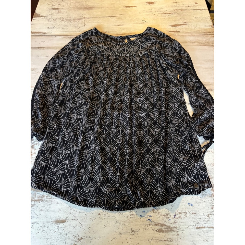 ROXY peasant blouse womens small black white geometric fan lace long sleeve